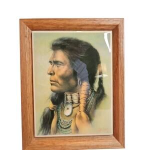 Bill Hampton Native American Indian print on Tile 6"x4.5"  Frame 7.5" x 6"  read